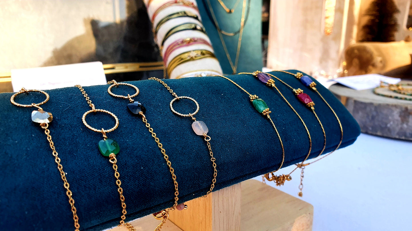 Bracelets plaque or cercle diamante et pierres semi-precieuses