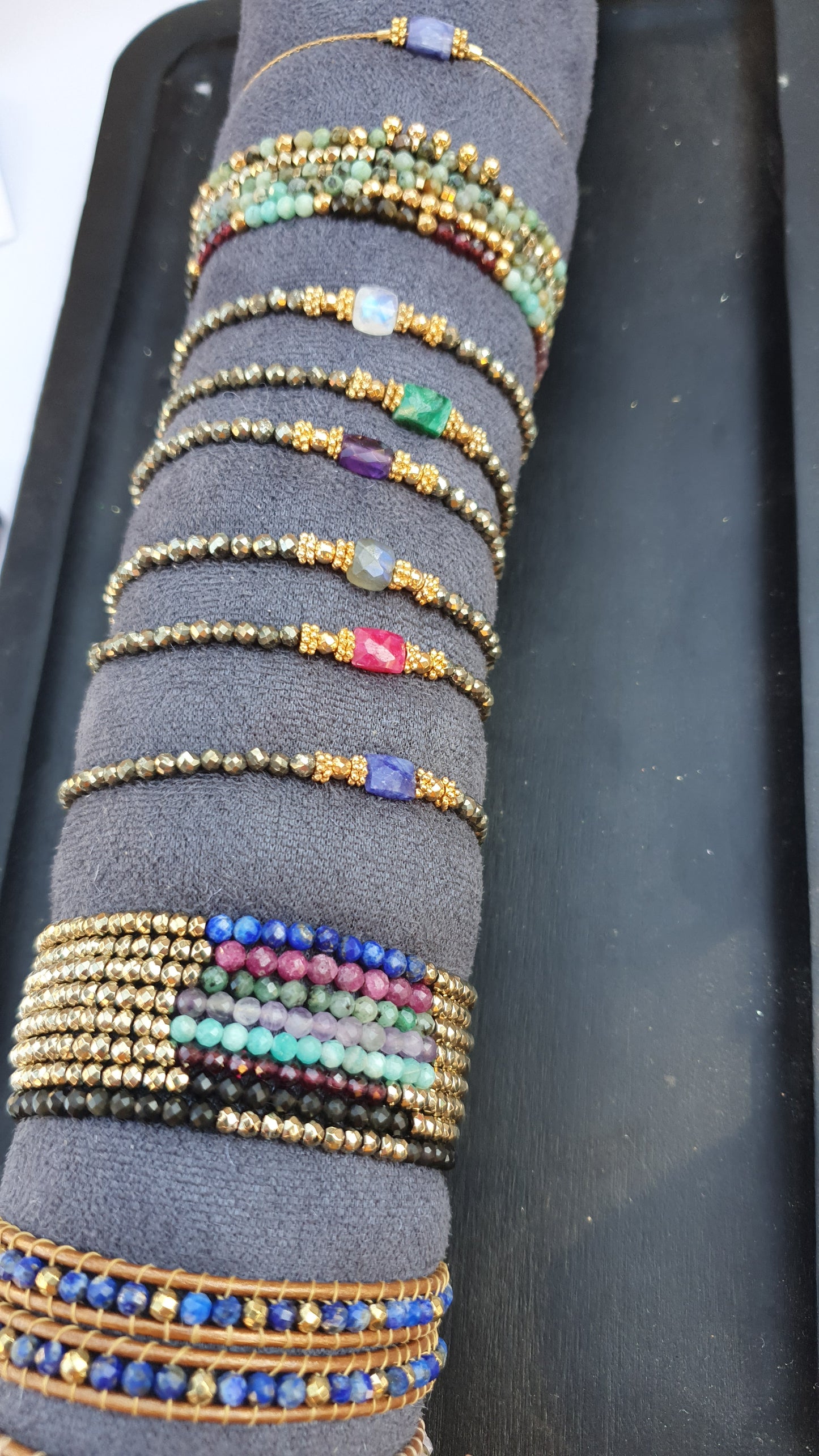 Bracelets Perles en pyrite et pierres semi-precieuses naturelles, bracelets perlés
