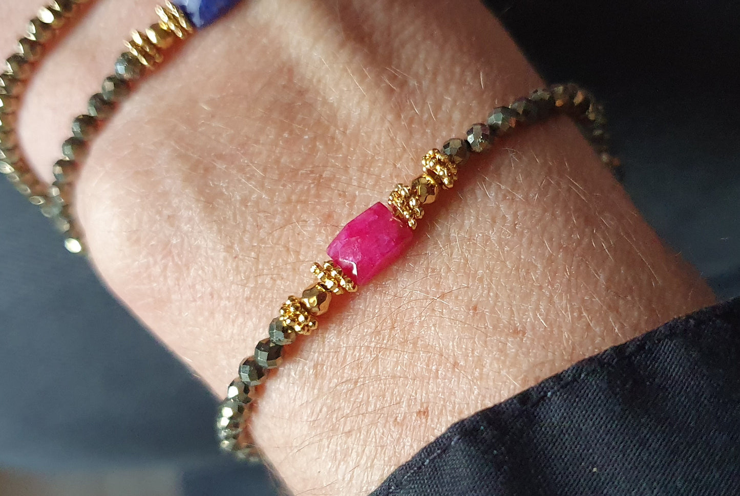 Bracelets Perles en pyrite et pierres semi-precieuses naturelles, bracelets perlés