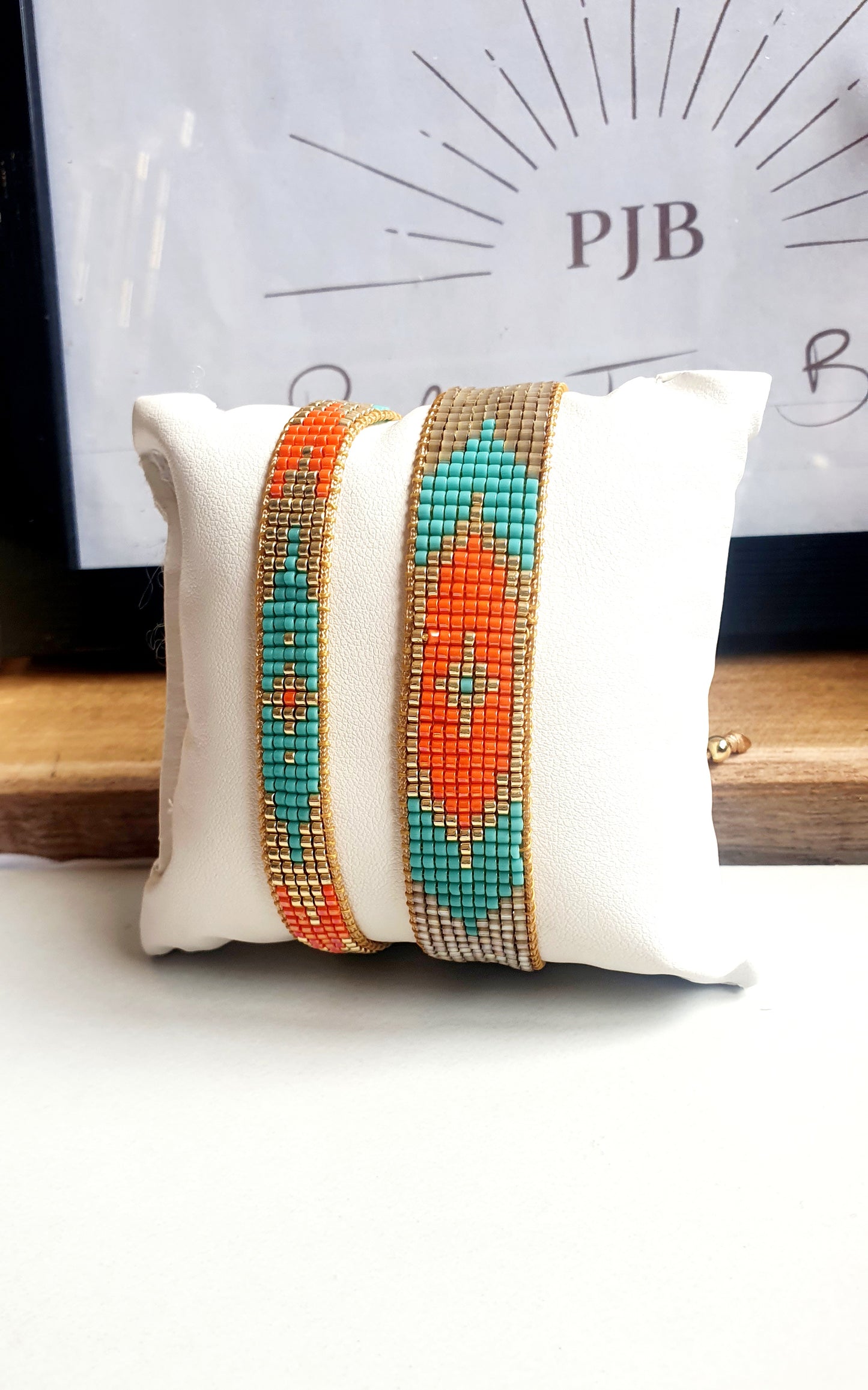 Bracelet hippie chic Bohême tissé a la main en perles Miyuki - turquoise et orznge