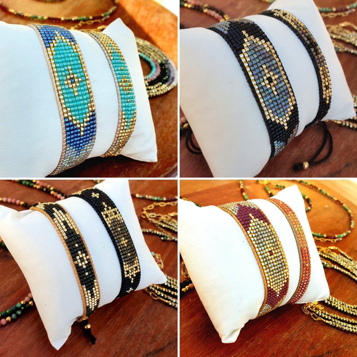 Bracelet hipppie chic Bohême tissé a la main en perles Miyuki Delica - bleu, doré et quartz irisé